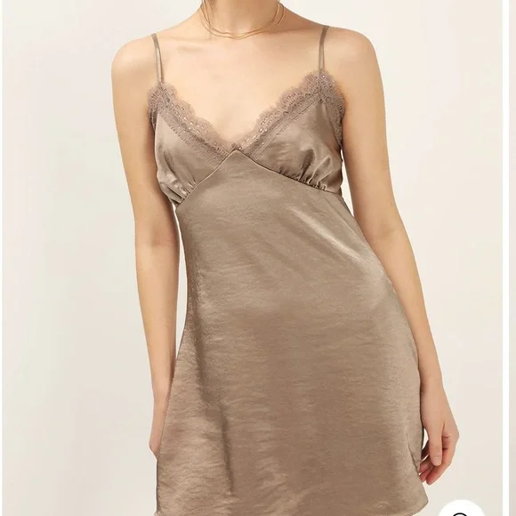 storets Satin Slip Mini Dress in Taupe/Brown silky quite luxury boho festival - Picture 3 of 11